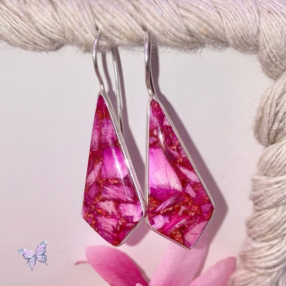 Copper Pink Scolecite Gemstone Handmade Dangle Earrings - Picture 4 of 4